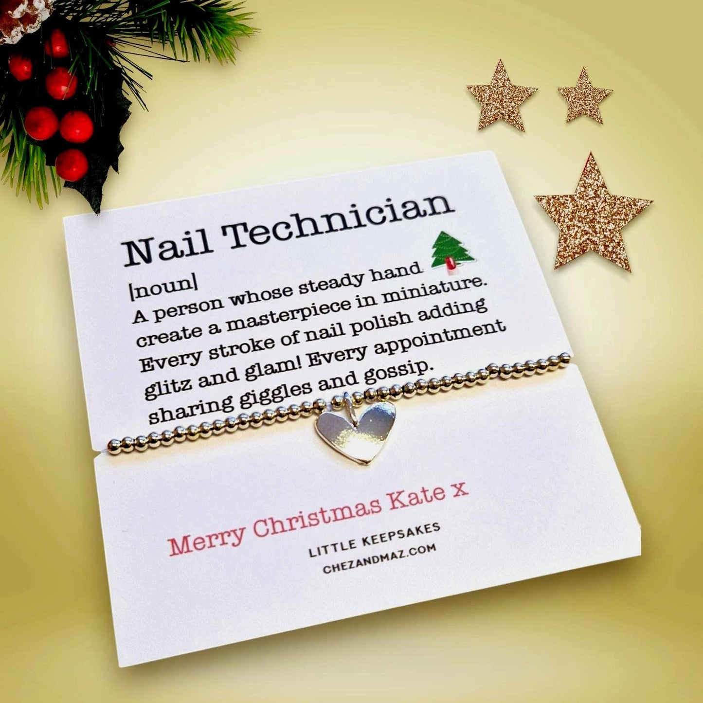 Nail Technician Christmas Heart Charm Bracelet: Silver Plated Gift - Personalised