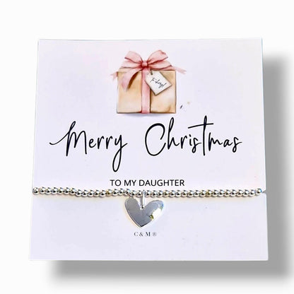 Merry Christmas Personalised Silver Plated Heart Bracelet – Custom Gift for Her– Festive Gift for Her, Stocking Filler, Secret Santa