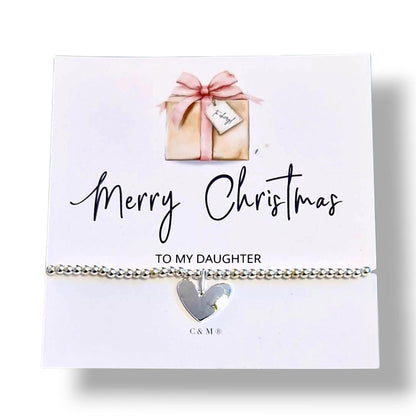 Merry Christmas Personalised Silver Plated Heart Bracelet – Custom Gift for Her– Festive Gift for Her, Stocking Filler, Secret Santa