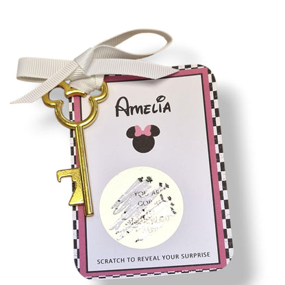 Disneyland Paris, Disneyworld, Surprise Reveal Scratch Off – Metal Mickey Key Holiday Announcement, Magical Gift, Christmas, Birthday