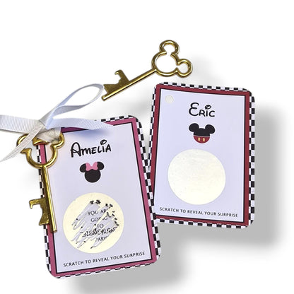 Disneyland Paris, Disneyworld, Surprise Reveal Scratch Off – Metal Mickey Key Holiday Announcement, Magical Gift, Christmas, Birthday