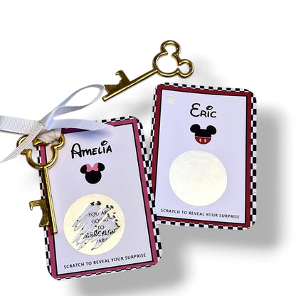 Disneyland Paris, Disneyworld, Surprise Reveal Scratch Off – Metal Mickey Key Holiday Announcement, Magical Gift, Christmas, Birthday