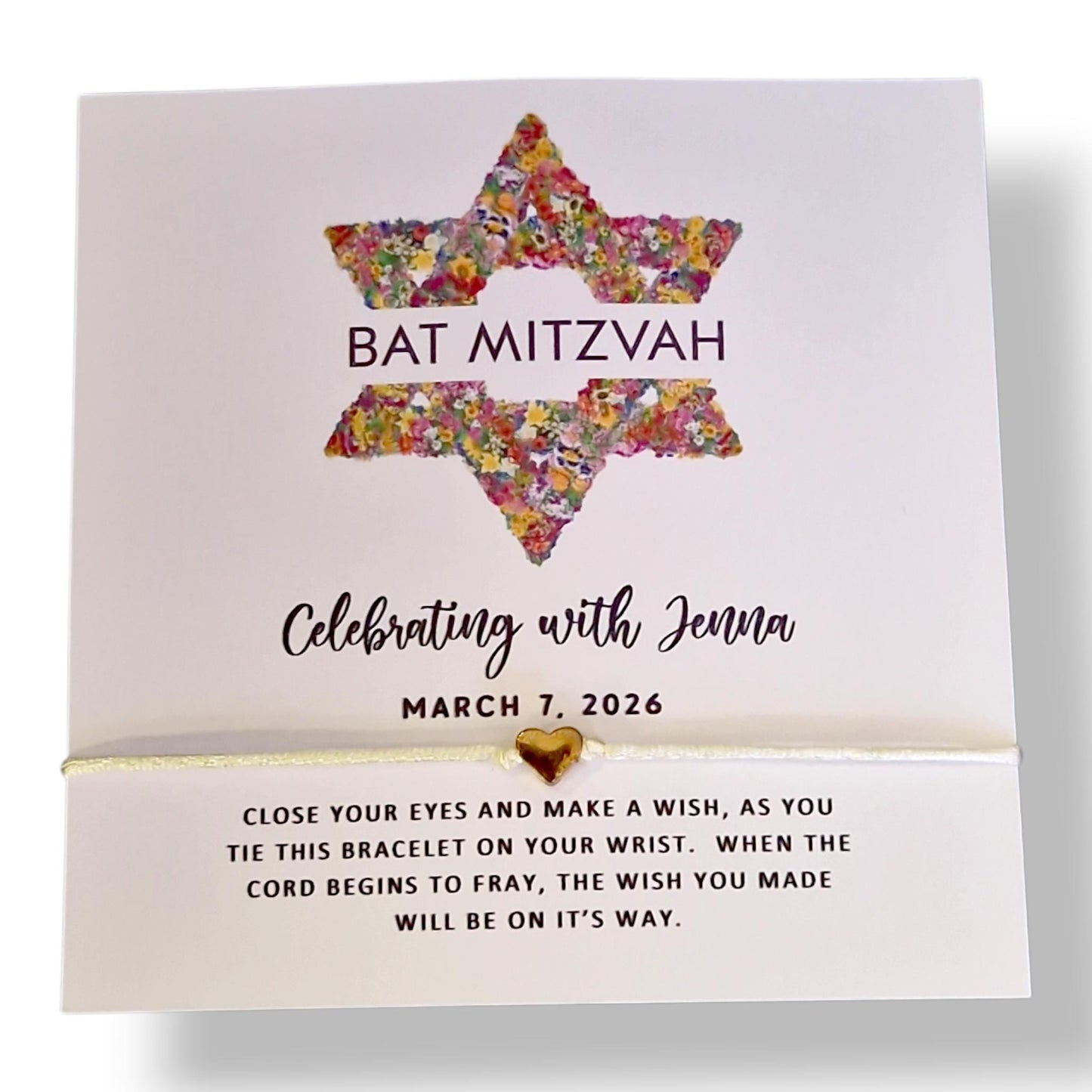 Bat Mitzvah Wish Bracelet: Customisable Charm, Silver Star/Heart - Floral Star of David - Jewish