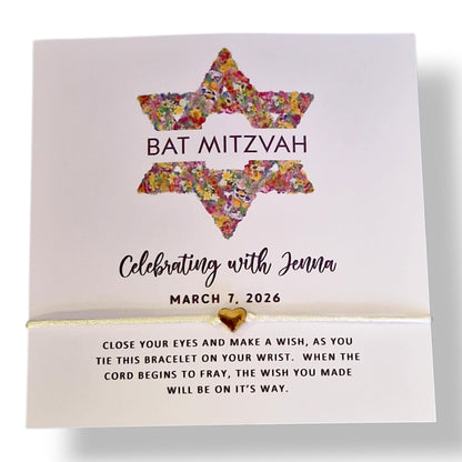 Bat Mitzvah Wish Bracelet: Customisable Charm, Silver Star/Heart - Floral Star of David - Jewish