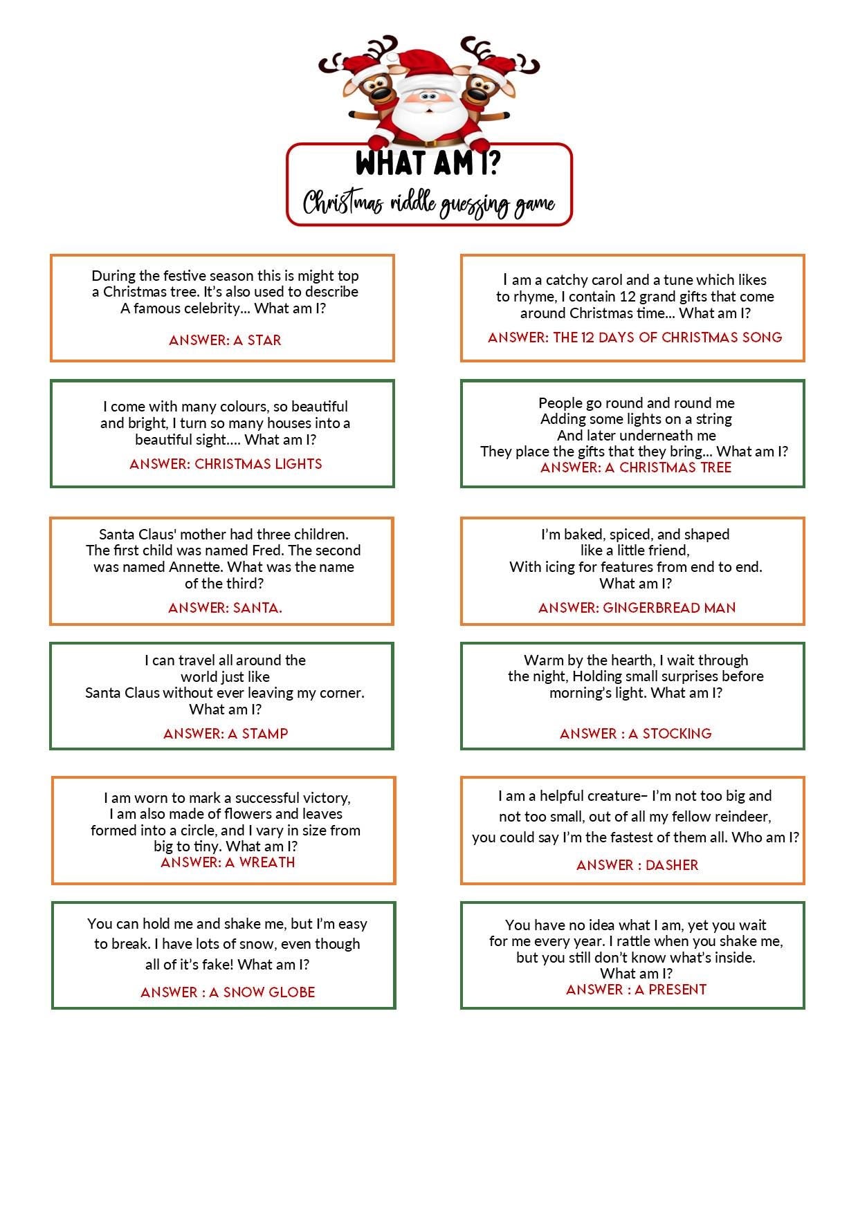 What am I - Riddle Game | Questions and answers | Instant Download | Fun Printable Holiday Game I Print at home