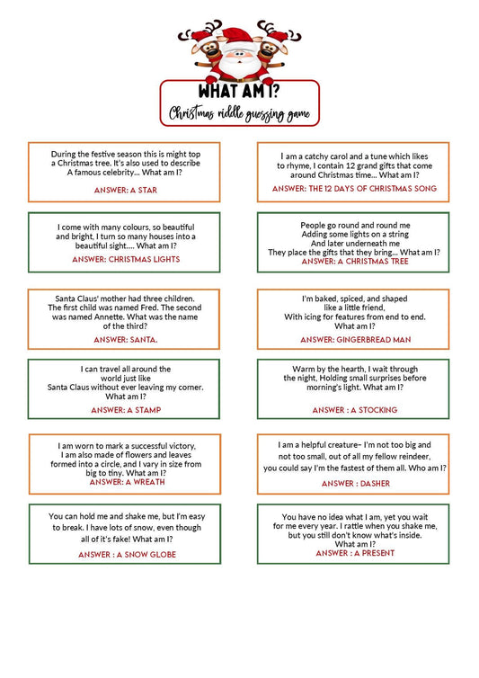 What am I - Riddle Game | Questions and answers | Instant Download | Fun Printable Holiday Game I Print at home
