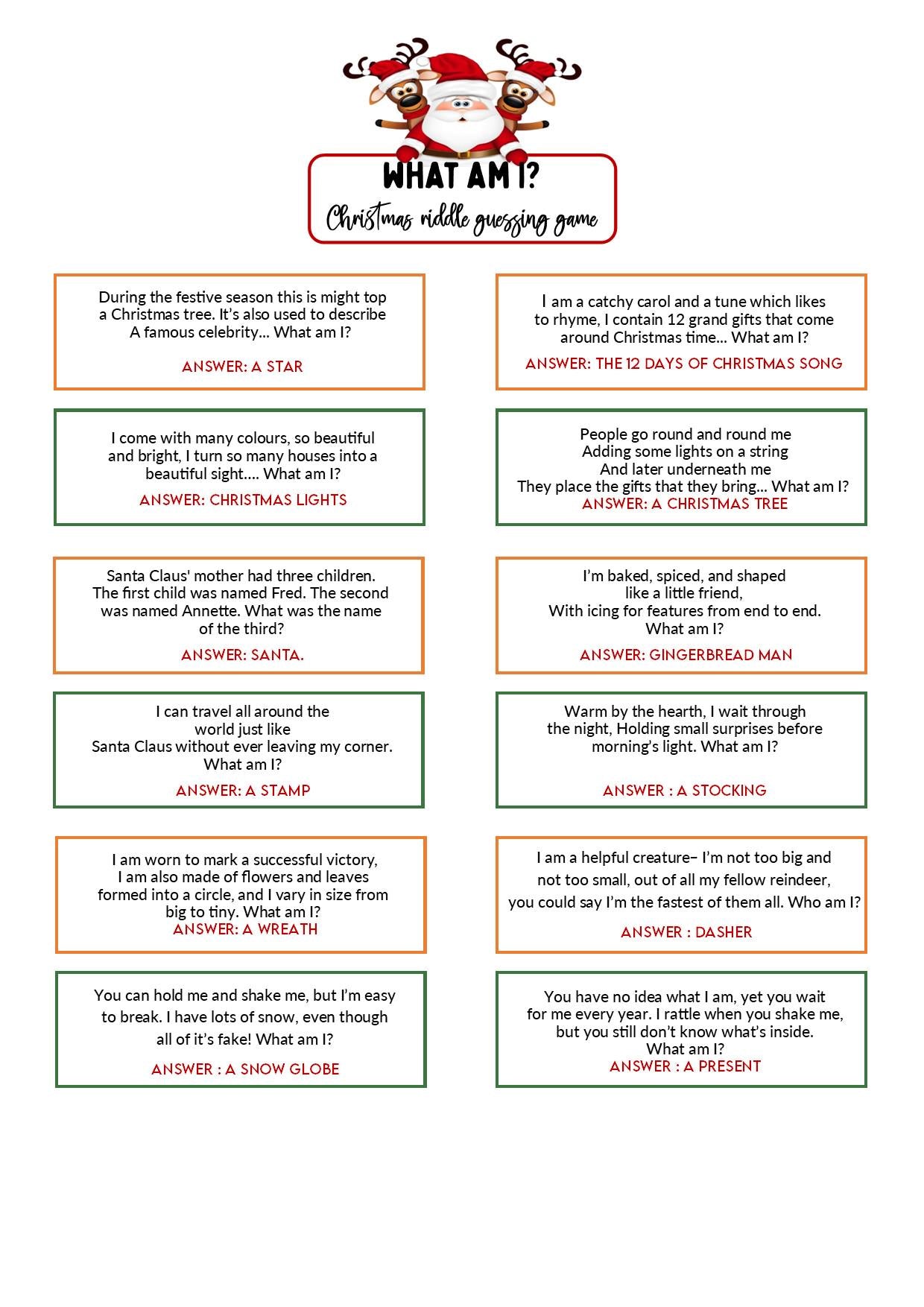What am I - Riddle Game | Questions and answers | Instant Download | Fun Printable Holiday Game I Print at home
