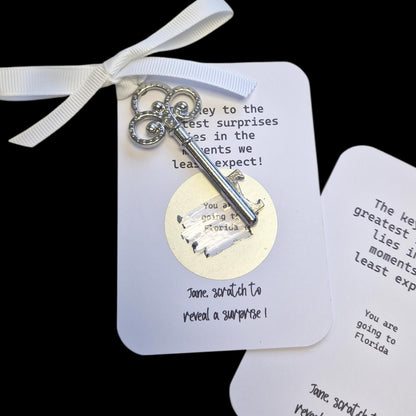 Scratch off Holiday Key Surprise Reveal Scratch to reveal – Metal Key Holiday Announcement, Magical Gift, Christmas,  Birthday