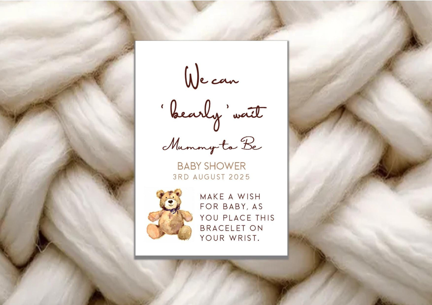 Teddy Bear Baby Shower Wish Bracelet: Personalised Charm String Gift - We can Bearly Wait - Mummy To Be