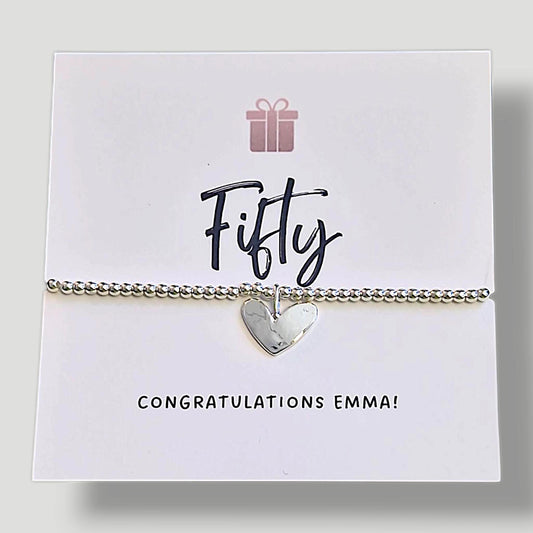 50th Birthday Bracelet: Silver Plated Heart Charm - Fifty - Fiftieth Birthday, Personalised