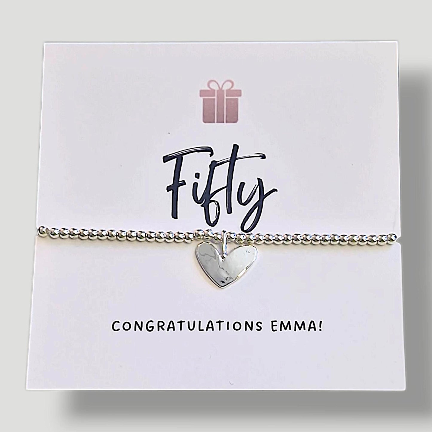 50th Birthday Bracelet: Silver Plated Heart Charm - Fifty - Fiftieth Birthday, Personalised