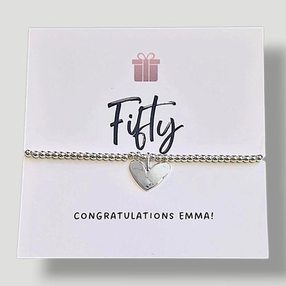 50th Birthday Bracelet: Silver Plated Heart Charm - Fifty - Fiftieth Birthday, Personalised