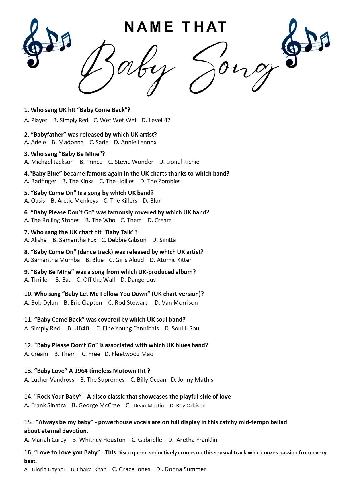 Name That Baby Song – Printable Baby Shower Music Game | Gender Reveal, Mummy-to-Be, Baby Sprinkle Quiz