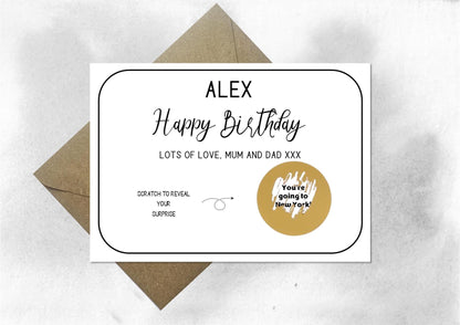 Personalised Birthday Scratch Reveal Card: Surprise Gift Ticket, Holiday Reveal, Spa day, Weekend away, money, gift