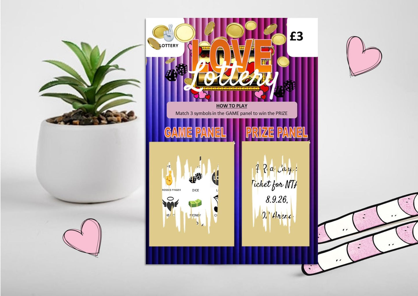 Love Lottery Anniversary Custom Scratchcard, Scratch and Win Personalised Surprise Trip Gift, Valentine’s Reveal Present, Date Night Voucher