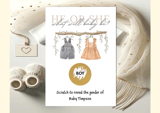 Personalised Gender Reveal Scratch Card: Neutral clothes Theme Baby Shower Game - What will baby be?