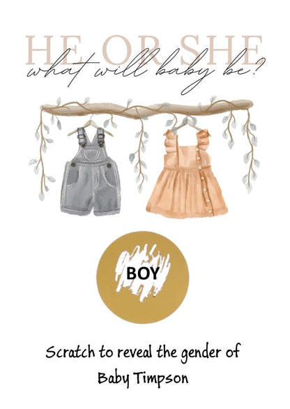Personalised Gender Reveal Scratch Card: Neutral clothes Theme Baby Shower Game - What will baby be?