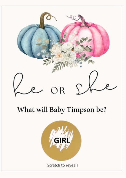 Personalised Gender Reveal Scratch Card: What will baby be?Pumpkins - Shower Game