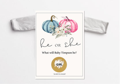Personalised Gender Reveal Scratch Card: What will baby be?Pumpkins - Shower Game