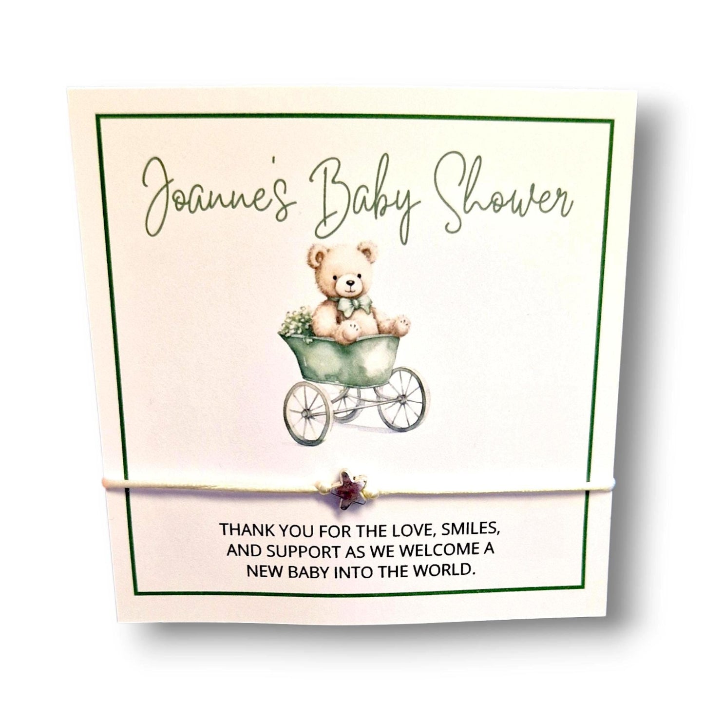 Sage Green Teddy Bear Baby Shower Wish Bracelet - Personalized Keepsake