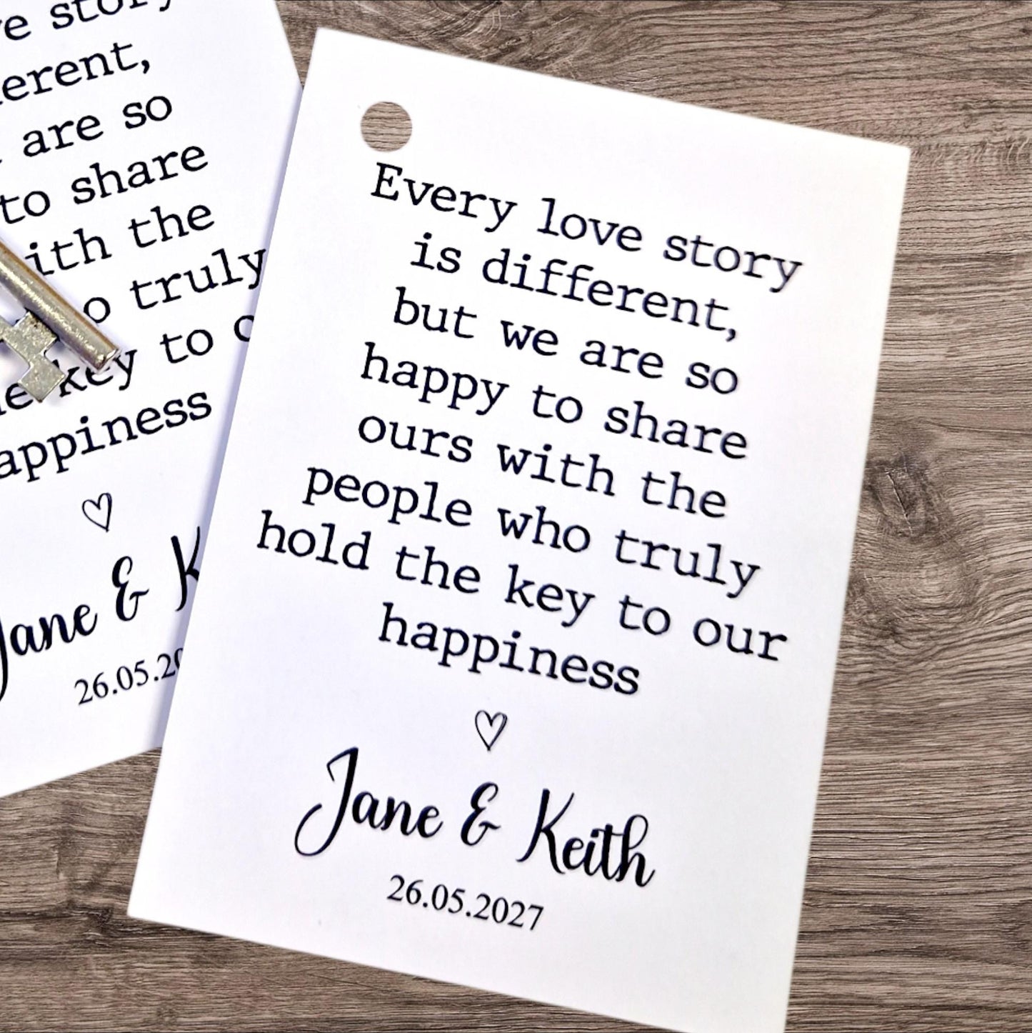 Silver Key Wedding Favor – 'Every love story is different' – Personalised Wedding Keepsake – Rustic Wedding Gift