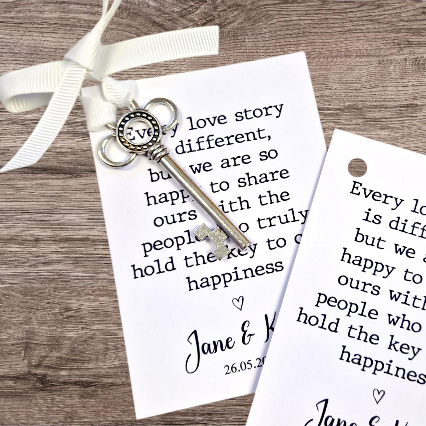 Silver Key Wedding Favor – 'Every love story is different' – Personalised Wedding Keepsake – Rustic Wedding Gift