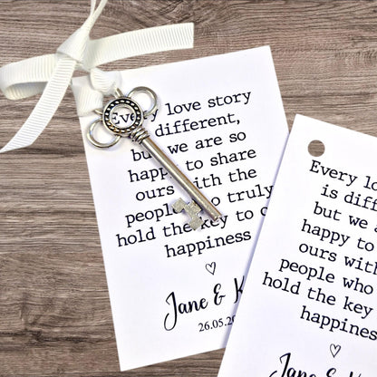 Silver Key Wedding Favor – 'Every love story is different' – Personalised Wedding Keepsake – Rustic Wedding Gift