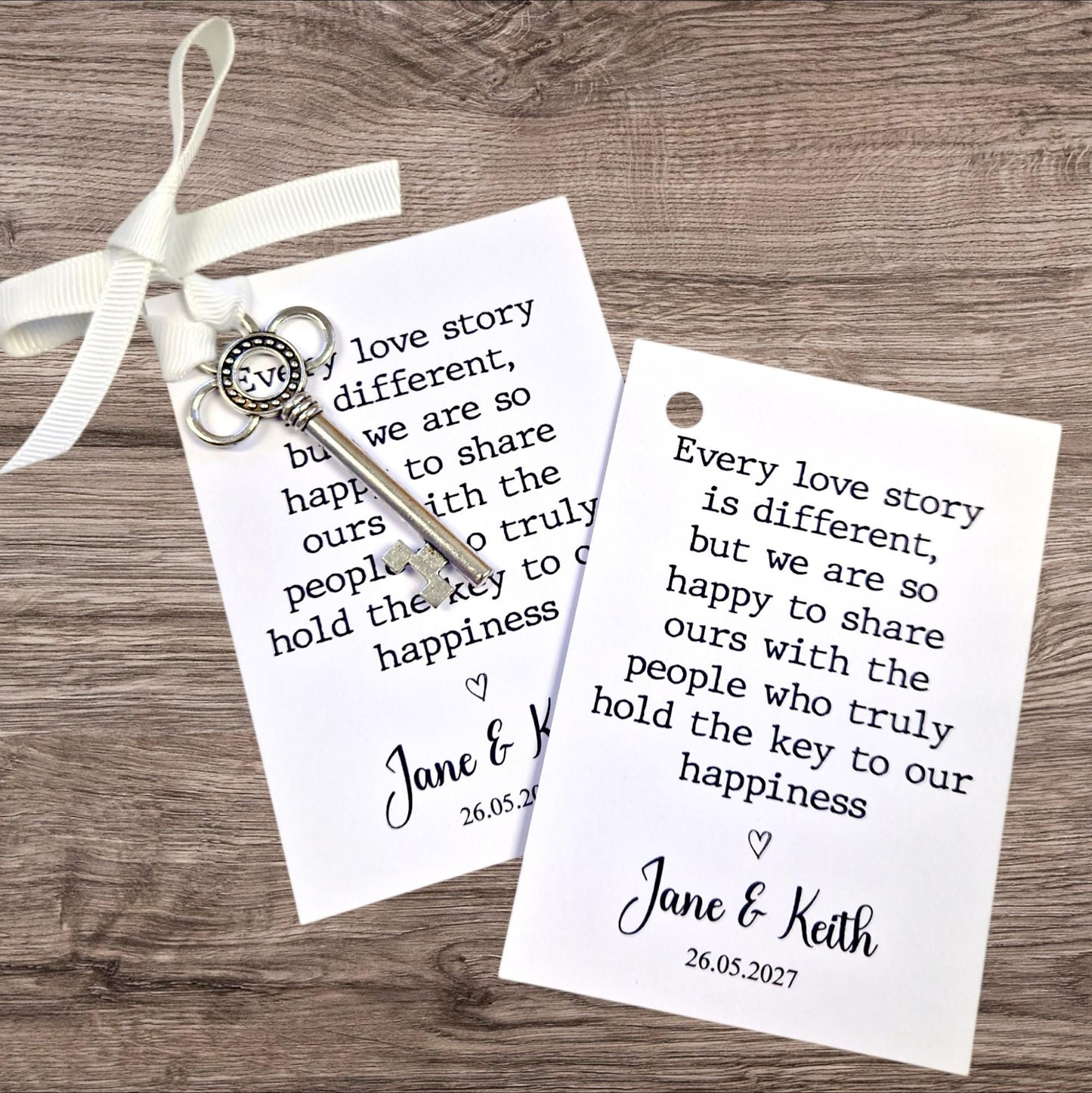 Silver Key Wedding Favor – 'Every love story is different' – Personalised Wedding Keepsake – Rustic Wedding Gift