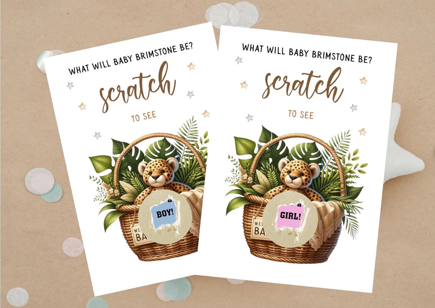 Personalised Gender Reveal Scratch Card: Wildlife, Jungle Theme Baby Shower Game
