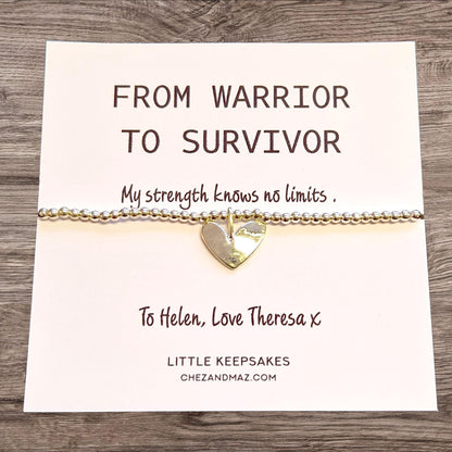 From Warrior to Survivor Heart Charm Bracelet - Silver Plated Strength Gift for Cancer Warrior | Personalised Support Bracelet