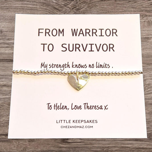 From Warrior to Survivor Heart Charm Bracelet - Silver Plated Strength Gift for Cancer Warrior | Personalised Support Bracelet