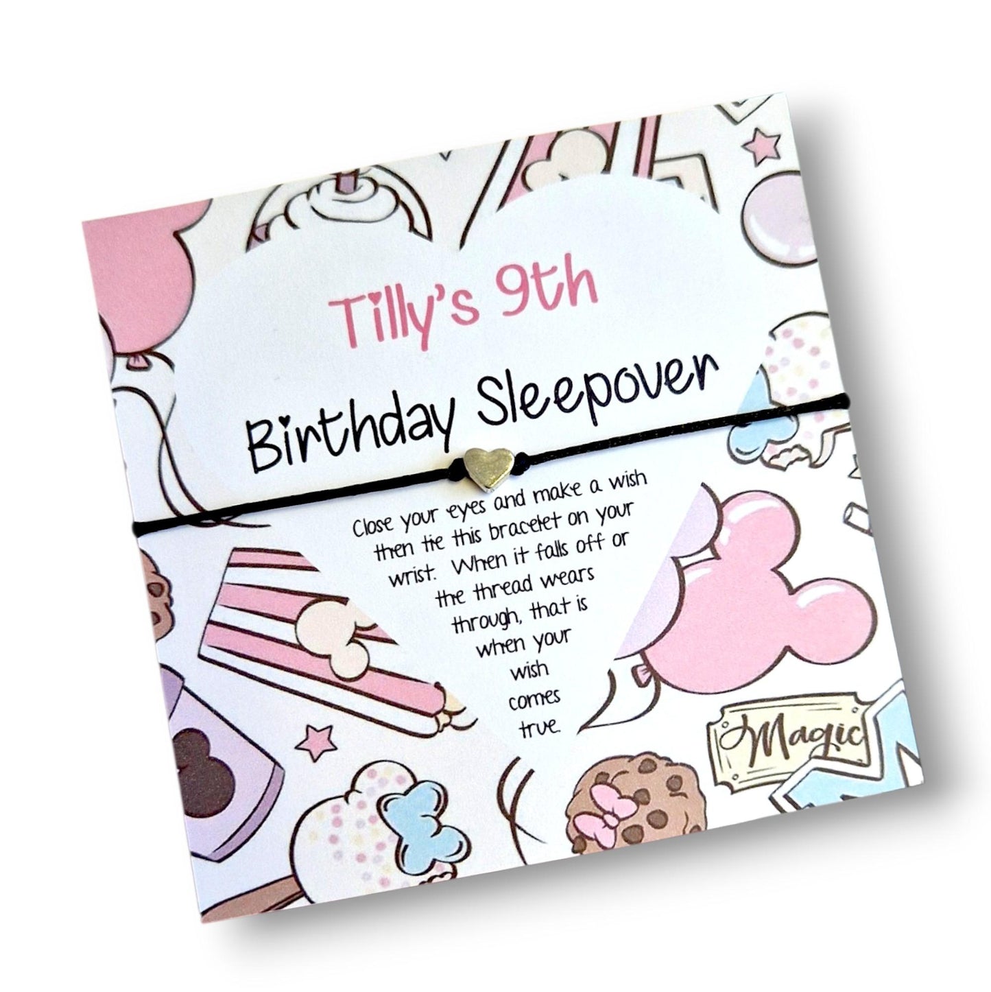 Pack of 10 Disney Sleepover Birthday Wish Bracelet: Personalised Party Favour - Guest Gift - Friends - Pink