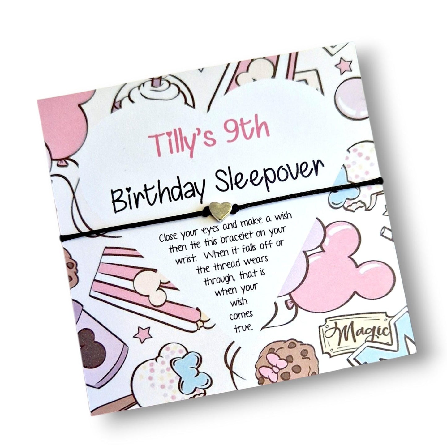 Pack of 10 Disney Sleepover Birthday Wish Bracelet: Personalised Party Favour - Guest Gift - Friends - Pink