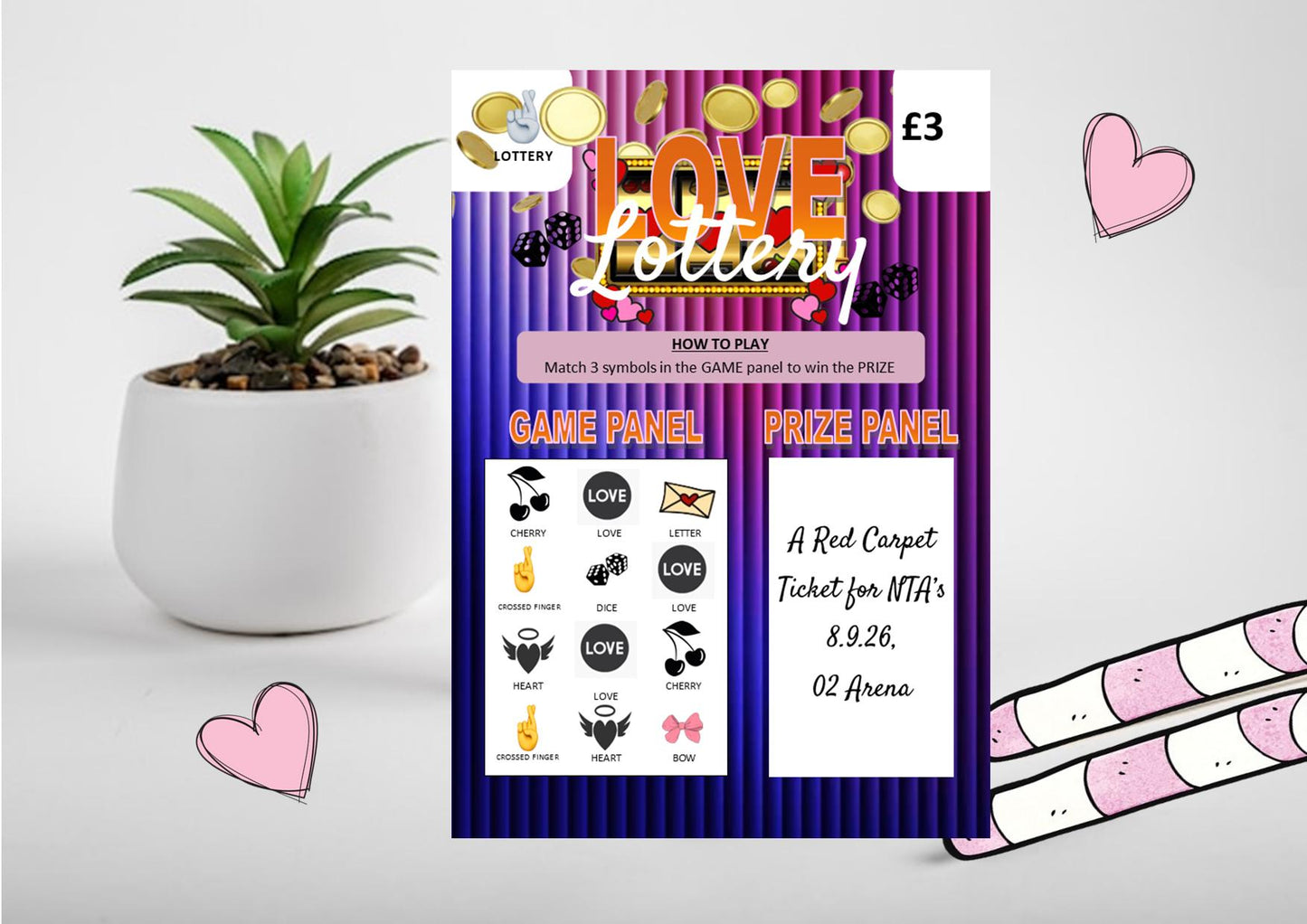 Love Lottery Anniversary Custom Scratchcard, Scratch and Win Personalised Surprise Trip Gift, Valentine’s Reveal Present, Date Night Voucher