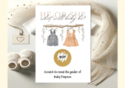 Personalised Gender Reveal Scratch Card: Neutral clothes Theme Baby Shower Game - What will baby be?