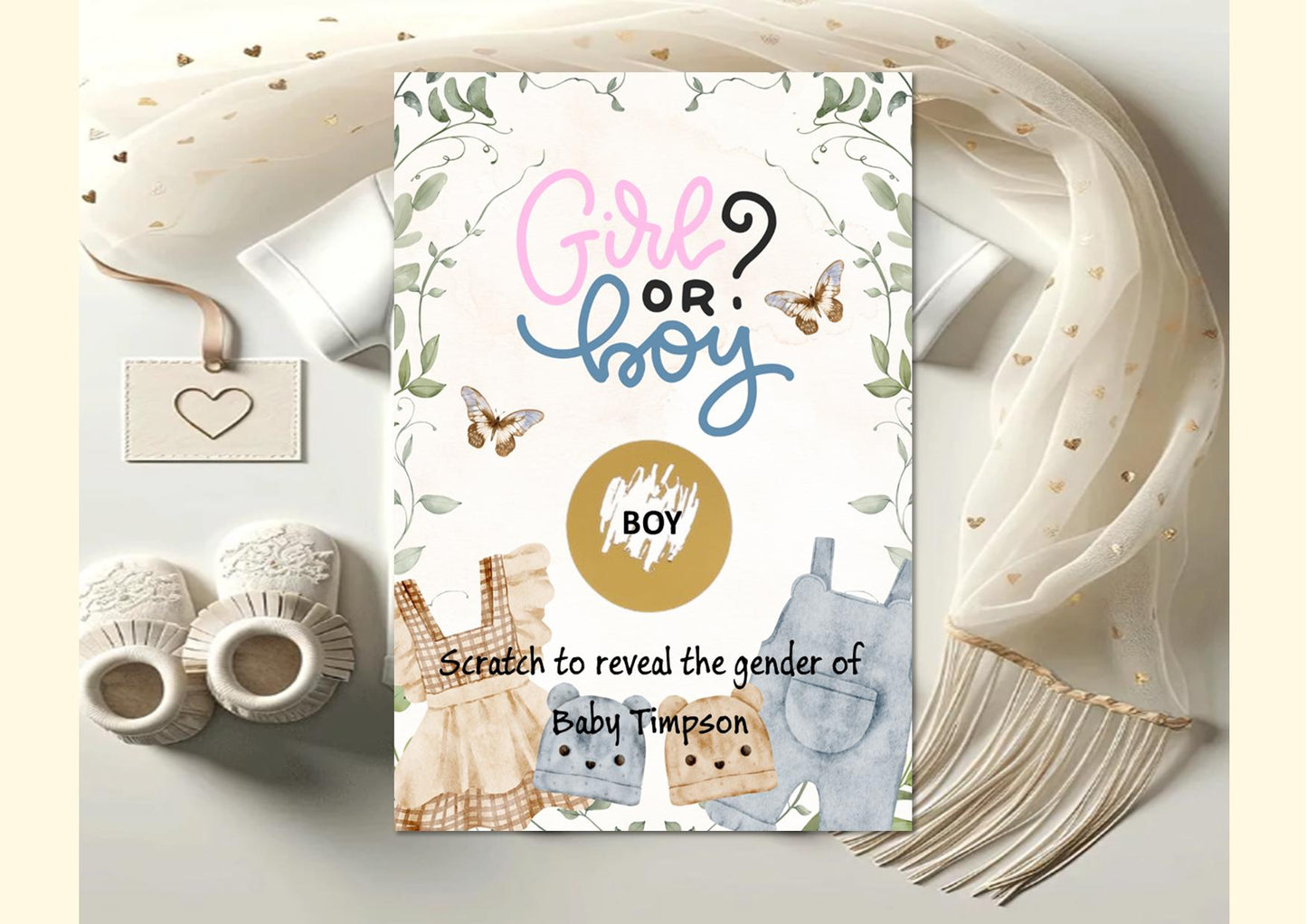 Personalised Gender Reveal Scratch Card: What will baby be?Neutral colours - Shower Game