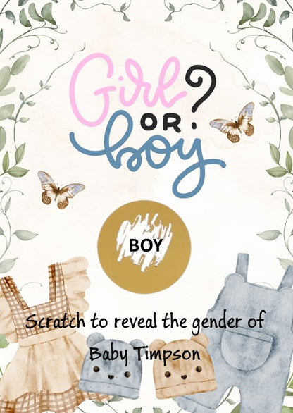 Personalised Gender Reveal Scratch Card: What will baby be?Neutral colours - Shower Game