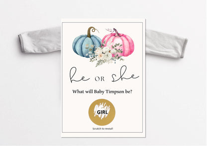 Personalised Gender Reveal Scratch Card: What will baby be?Pumpkins - Shower Game
