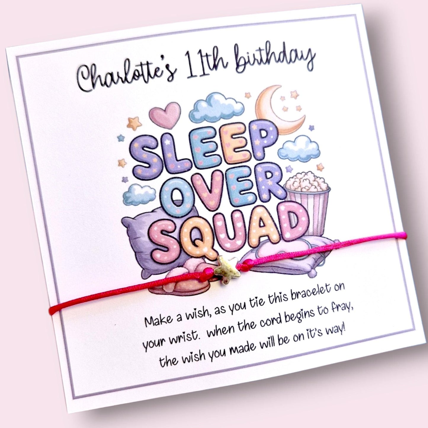 Sleepover Squad Birthday Wish Bracelet: Personalised Party Favour - Guest Gift - Friends