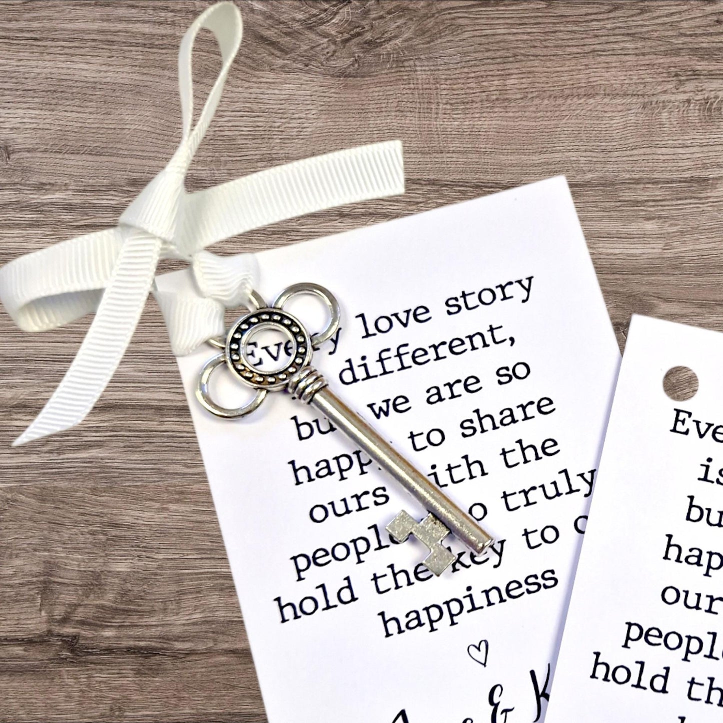 Silver Key Wedding Favor – 'Every love story is different' – Personalised Wedding Keepsake – Rustic Wedding Gift