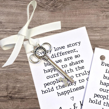 Silver Key Wedding Favor – 'Every love story is different' – Personalised Wedding Keepsake – Rustic Wedding Gift