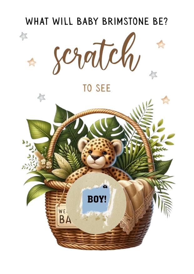Personalised Gender Reveal Scratch Card: Wildlife, Jungle Theme Baby Shower Game