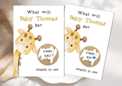 Personalised Gender Reveal Scratch Card: Boy or Girl Baby Shower Game -Giraffe theme