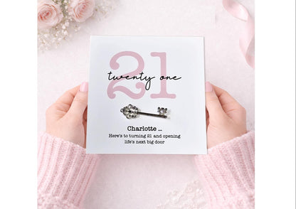 Personalised 21st Birthday Key and Card: Metal Key Keepsake - 21st Birthday Card with Metal Key - 3 colours