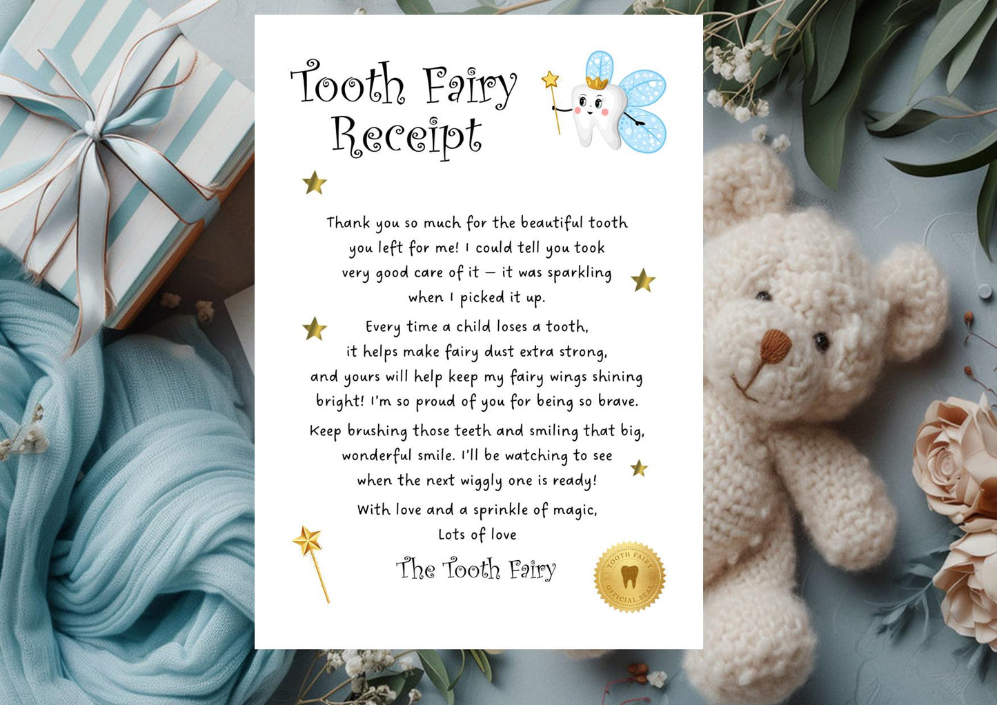 Tooth Fairy Letter & Receipt Set, First Lost Tooth (Digital Download A5/A6)