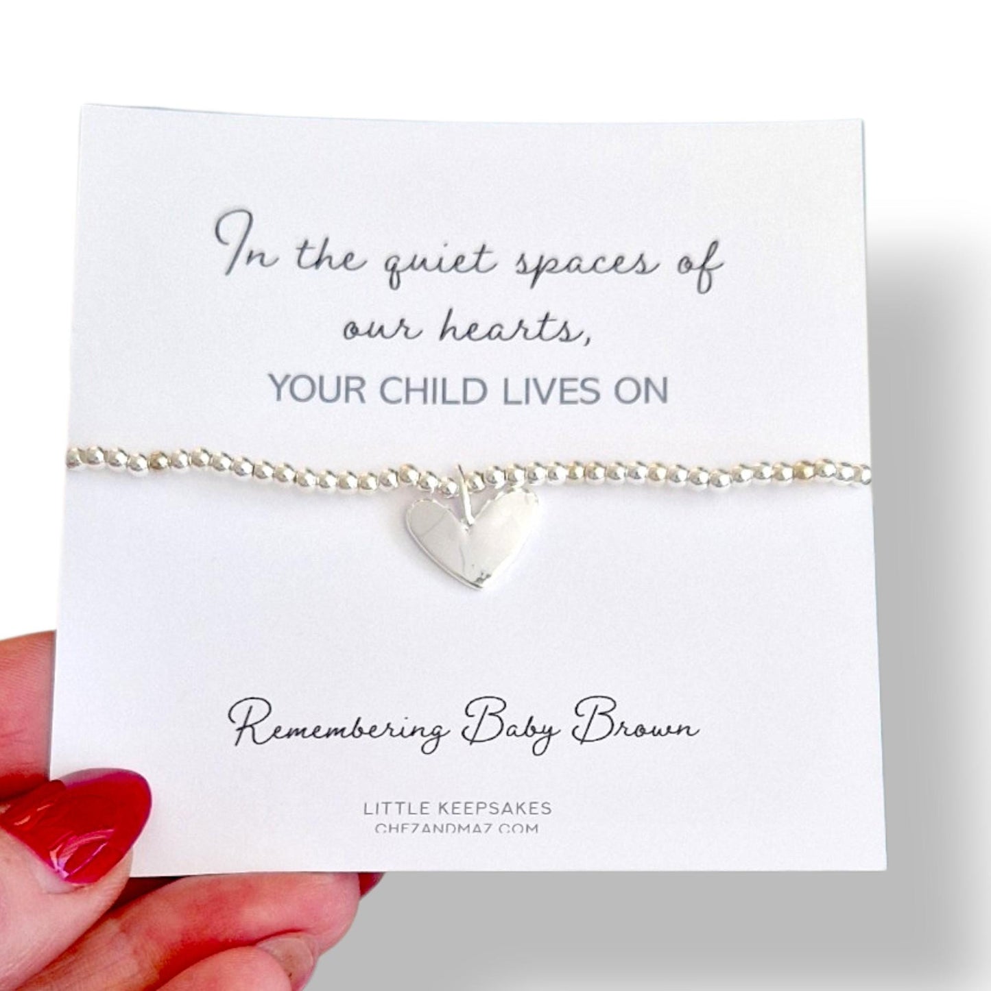 Baby Loss Gift - Personalised Sterling Silver Beaded Bracelet -  In the quiet spaces of our hearts, your child lives on
