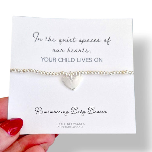 Baby Loss Gift - Personalised Sterling Silver Beaded Bracelet -  In the quiet spaces of our hearts, your child lives on