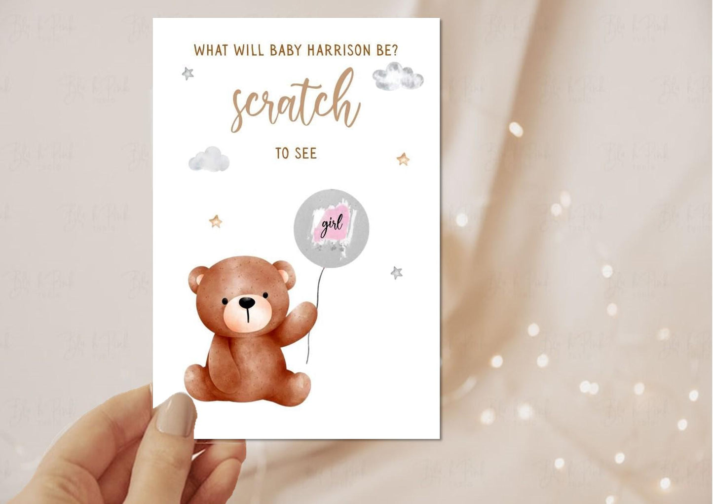 Gender Reveal Scratch Card: Teddy Bear Theme Baby Shower Game, Personalised