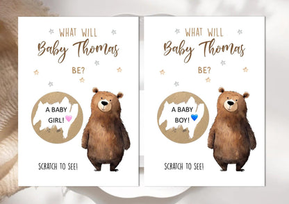 Personalised Gender Reveal Scratch Card: Boy or Girl Baby Shower Game -Cute Bear theme