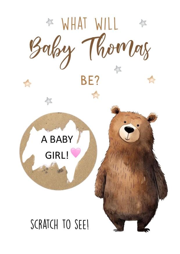 Personalised Gender Reveal Scratch Card: Boy or Girl Baby Shower Game -Cute Bear theme